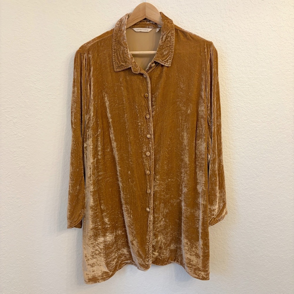 Soft Surroundings Silk Blend Velvet Tunic Top 1X Button Front Shirt Relaxed Gold